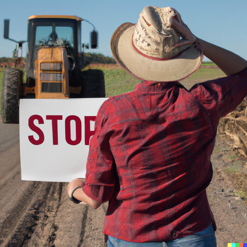 photograph of woman standing in protest while blocking the tractor from continuing to work